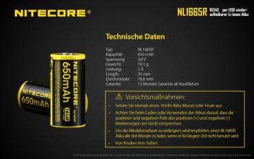 NITECORE 16340 650 MAH LI-ION AKKU NL1665R
